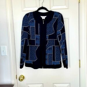 Misook Black Blue Abstract floral Knit Zip Front Cardigan Jacket | M